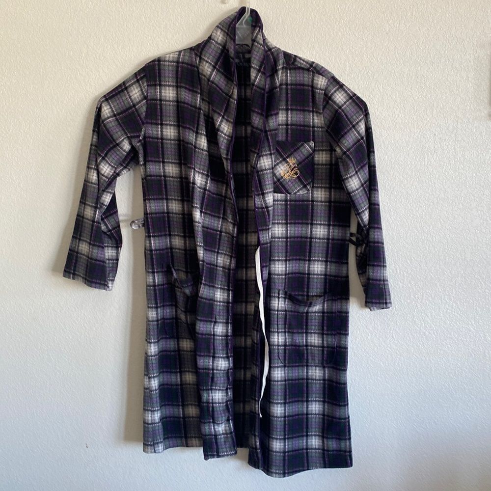 LAUREN Plaid Monogram Fleece Wrap Robe Size M